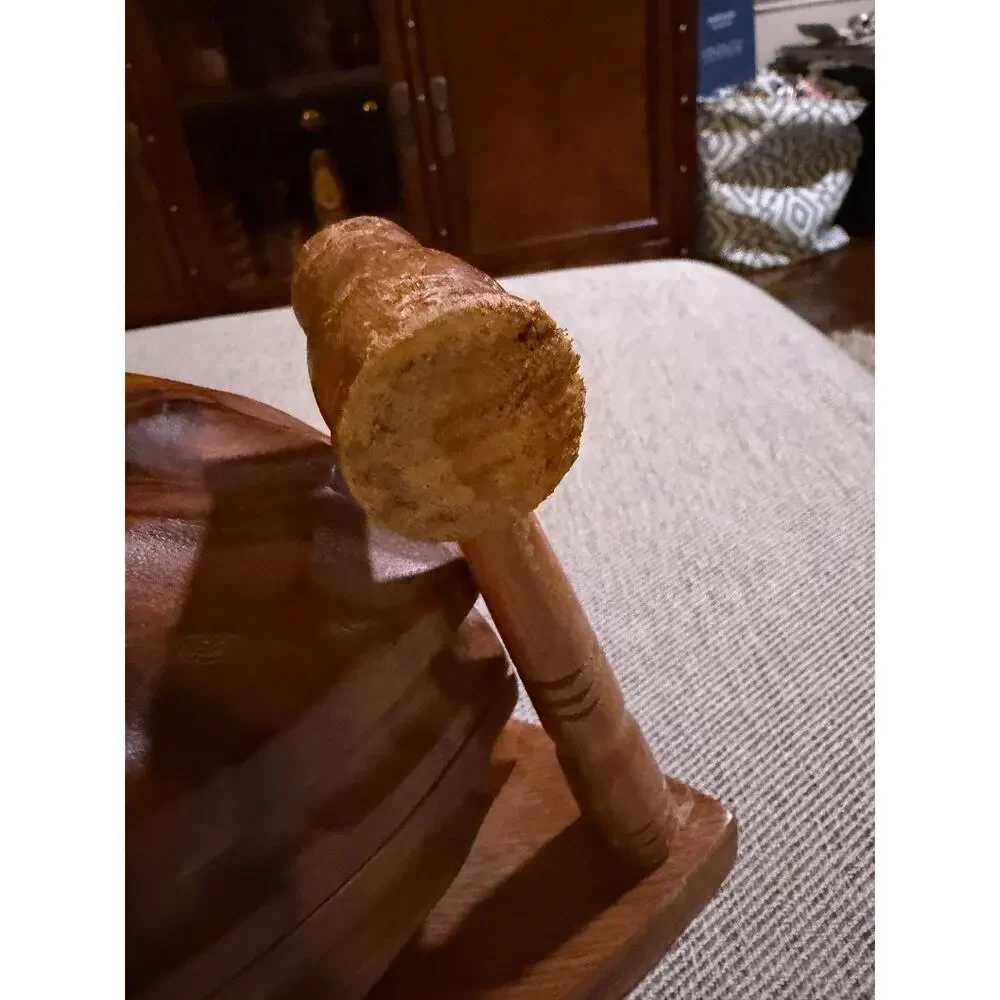 MCM Vintage Hand Carved Monkey Pod Wood Walnut Nut Bowl Set with Mallet